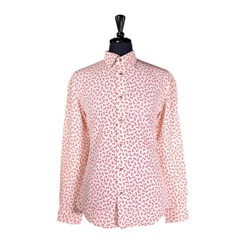 Mens Shirt Button Up Beige Red Anchors Nautical Dress Casual Summer Beach Large